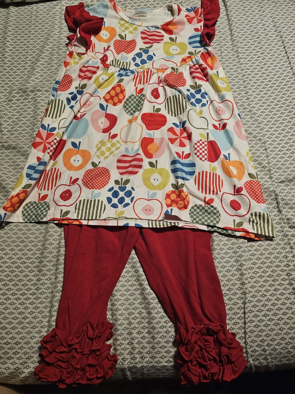 Girls Apple Print Tunic & Ruffle Leggings Set - Red Multi